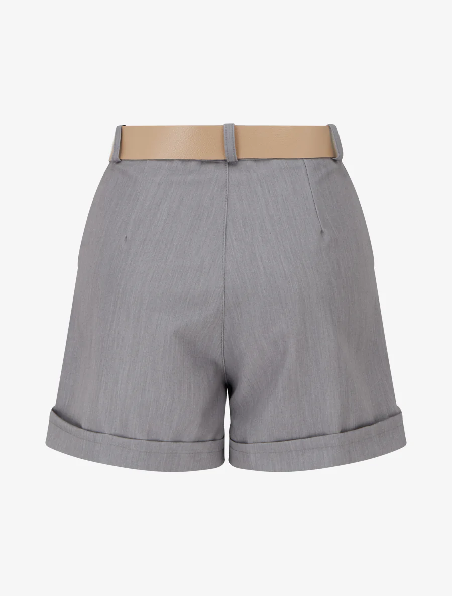 Short uni à ourlet et ceinturé - Gris - Image 2