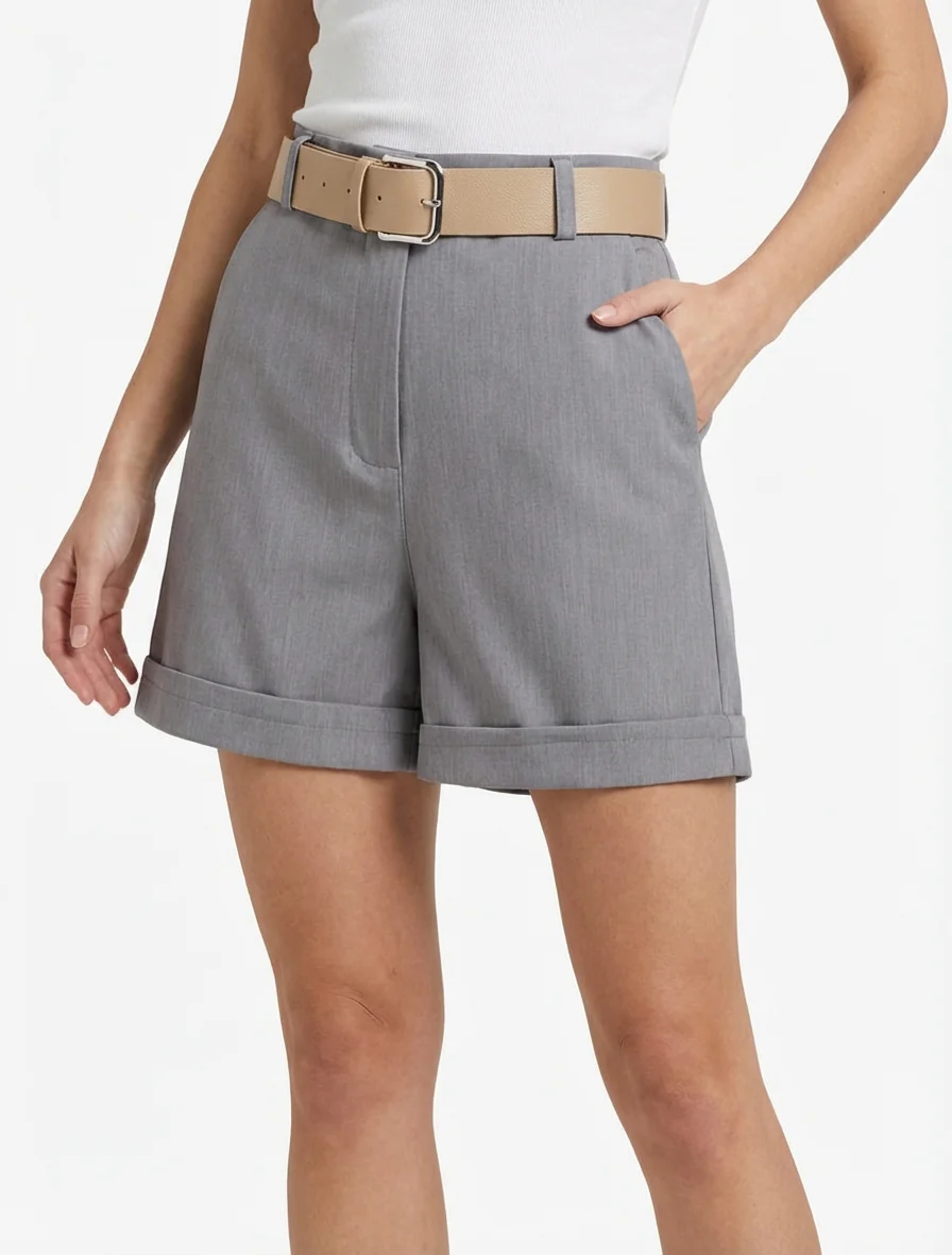 Short uni à ourlet et ceinturé - Gris - Image 4