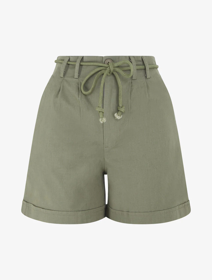 Short uni à revers effet lin - Kaki