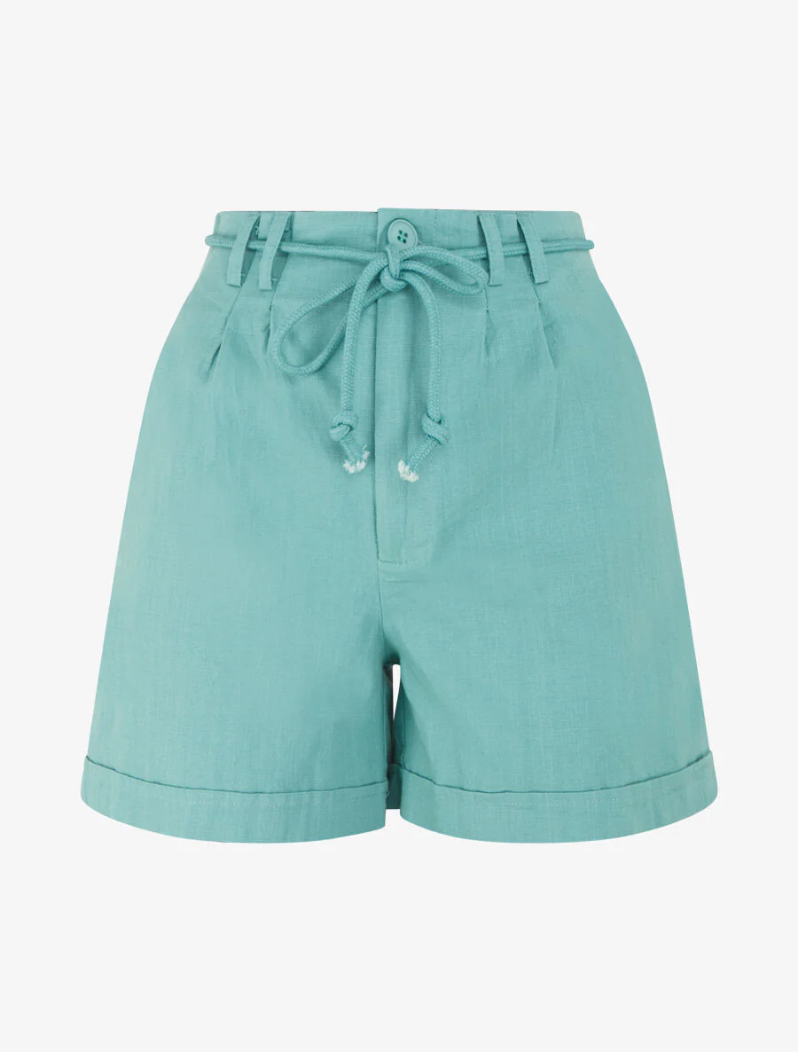 Short uni à revers effet lin - Turquoise
