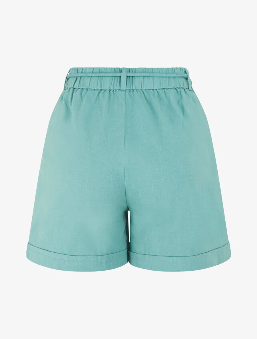 Short uni à revers effet lin - Turquoise - Image 2