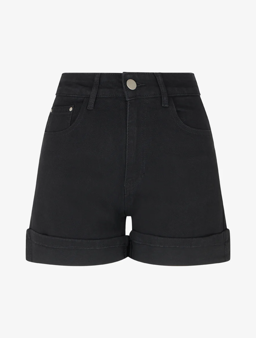 Short uni en jean à revers - Noir