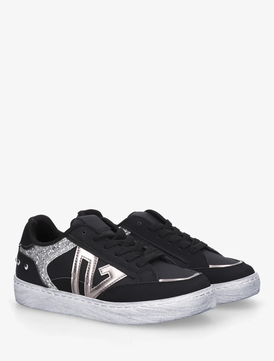 Sneakers à bande pailletée et contrefort clouté - Noir - Image 4