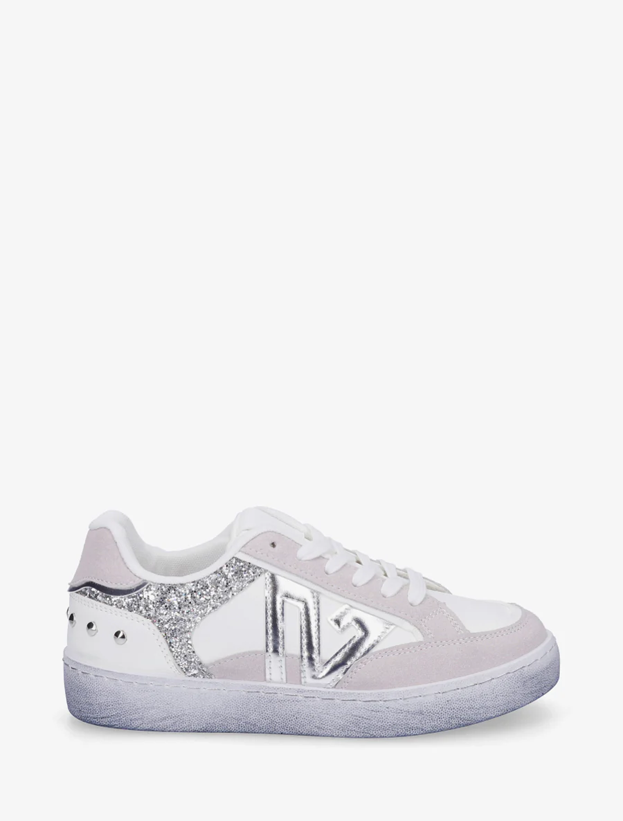 Sneakers à bande pailletée et contrefort clouté - Blanc