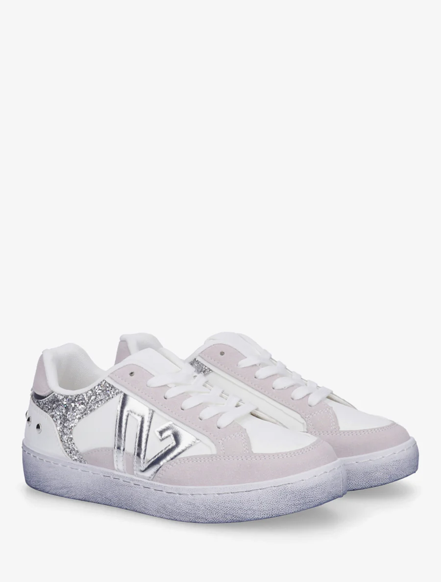 Sneakers à bande pailletée et contrefort clouté - Blanc - Image 4