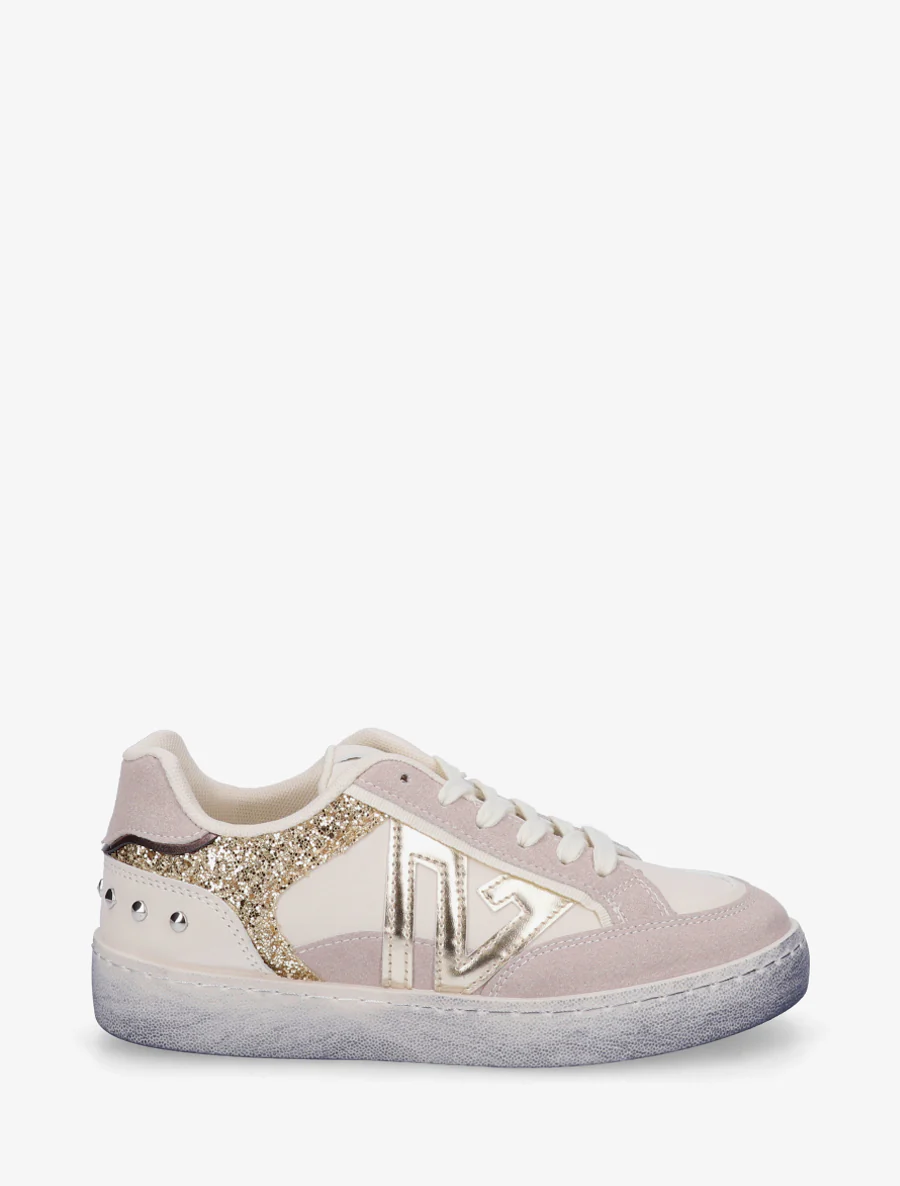 Sneakers à bande pailletée et contrefort clouté - Beige