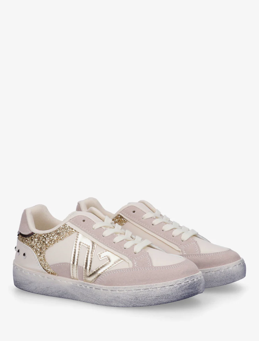Sneakers à bande pailletée et contrefort clouté - Beige - Image 4
