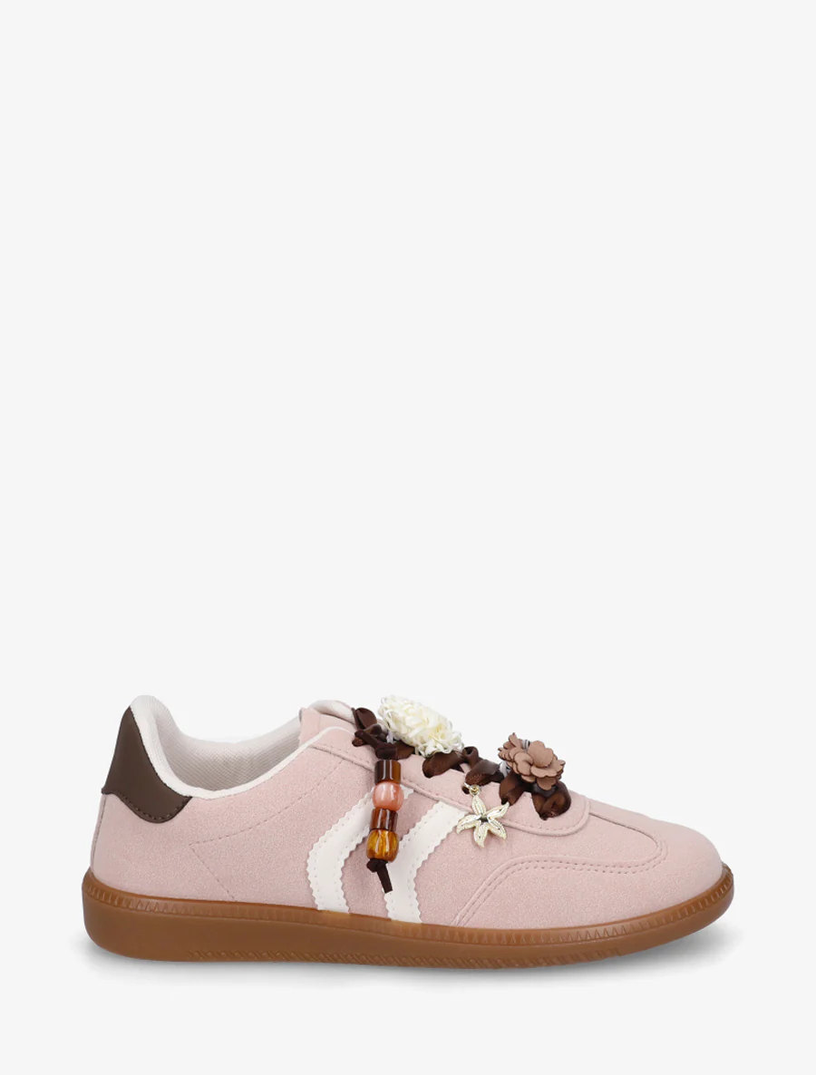 Sneakers à empiècement fleurs et perles en bois - Vieux rose