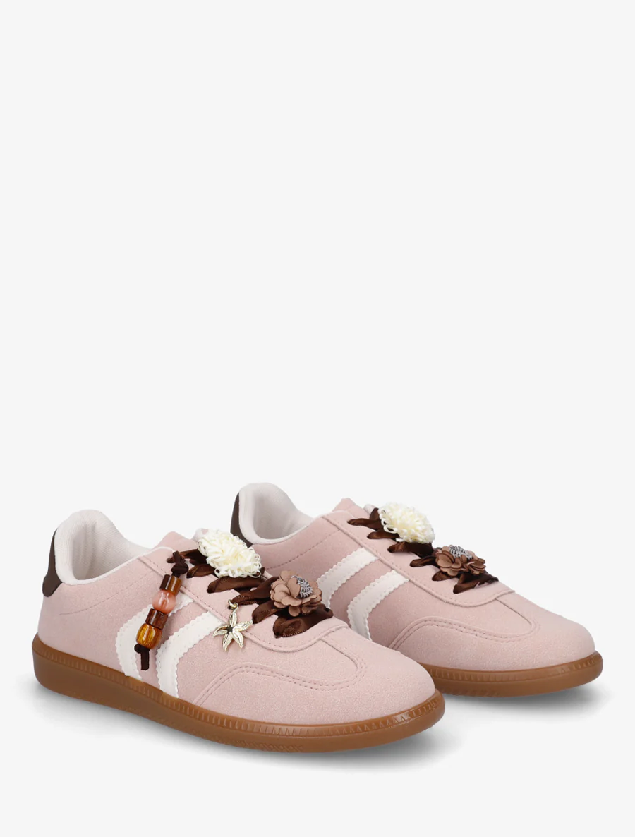 Sneakers à empiècement fleurs et perles en bois - Vieux rose - Image 4