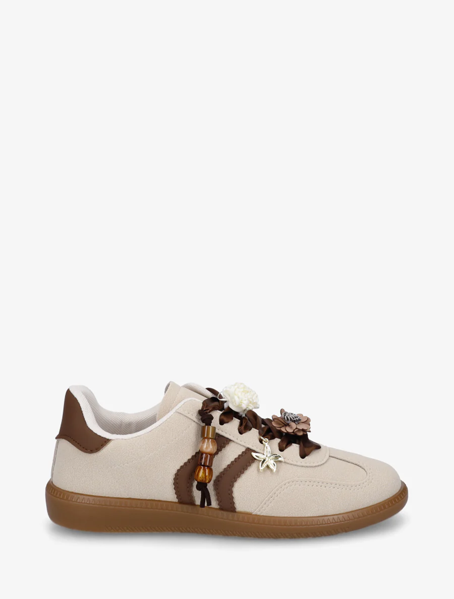 Sneakers à empiècement fleurs et perles en bois - Beige