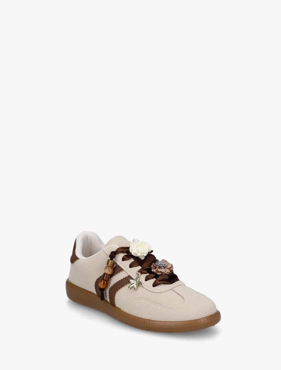 Sneakers à empiècement fleurs et perles en bois - Beige - Image 2