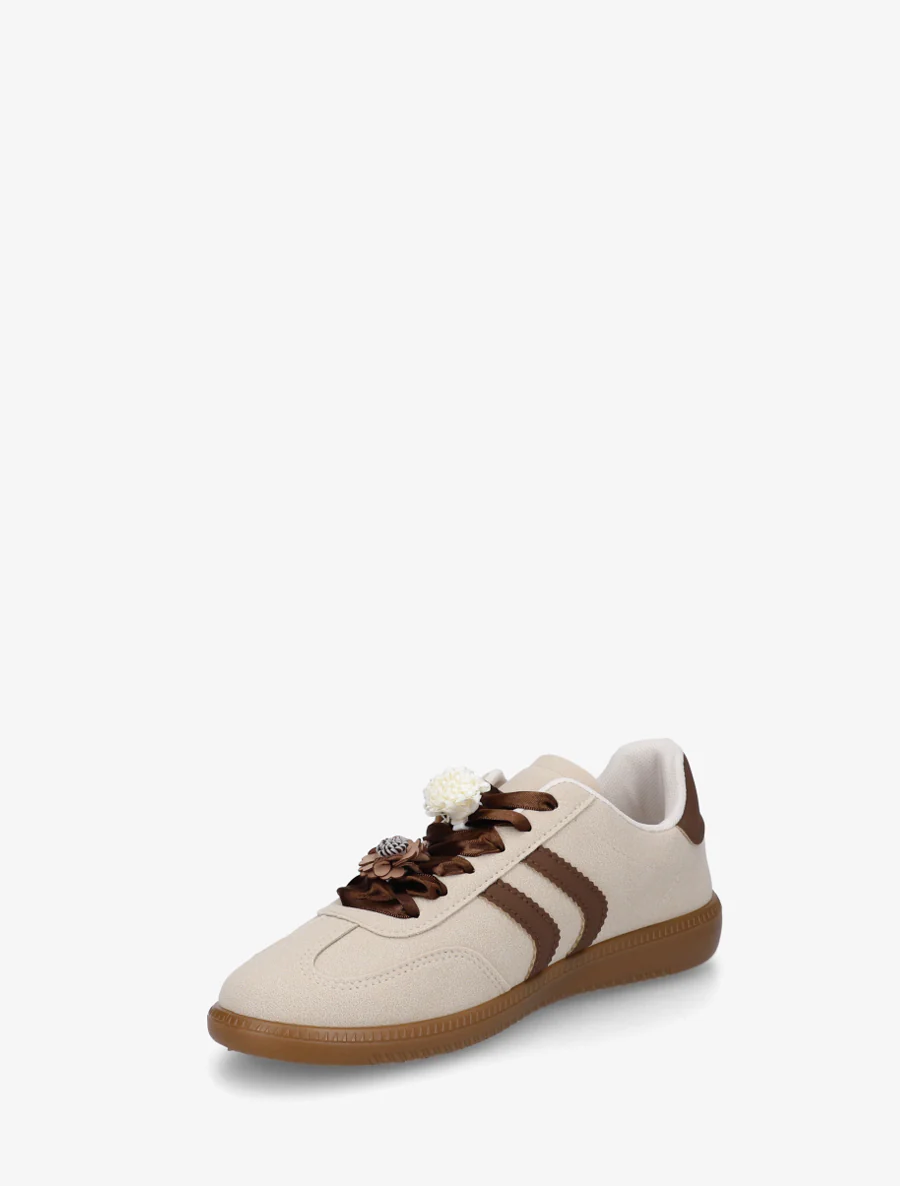 Sneakers à empiècement fleurs et perles en bois - Beige - Image 3