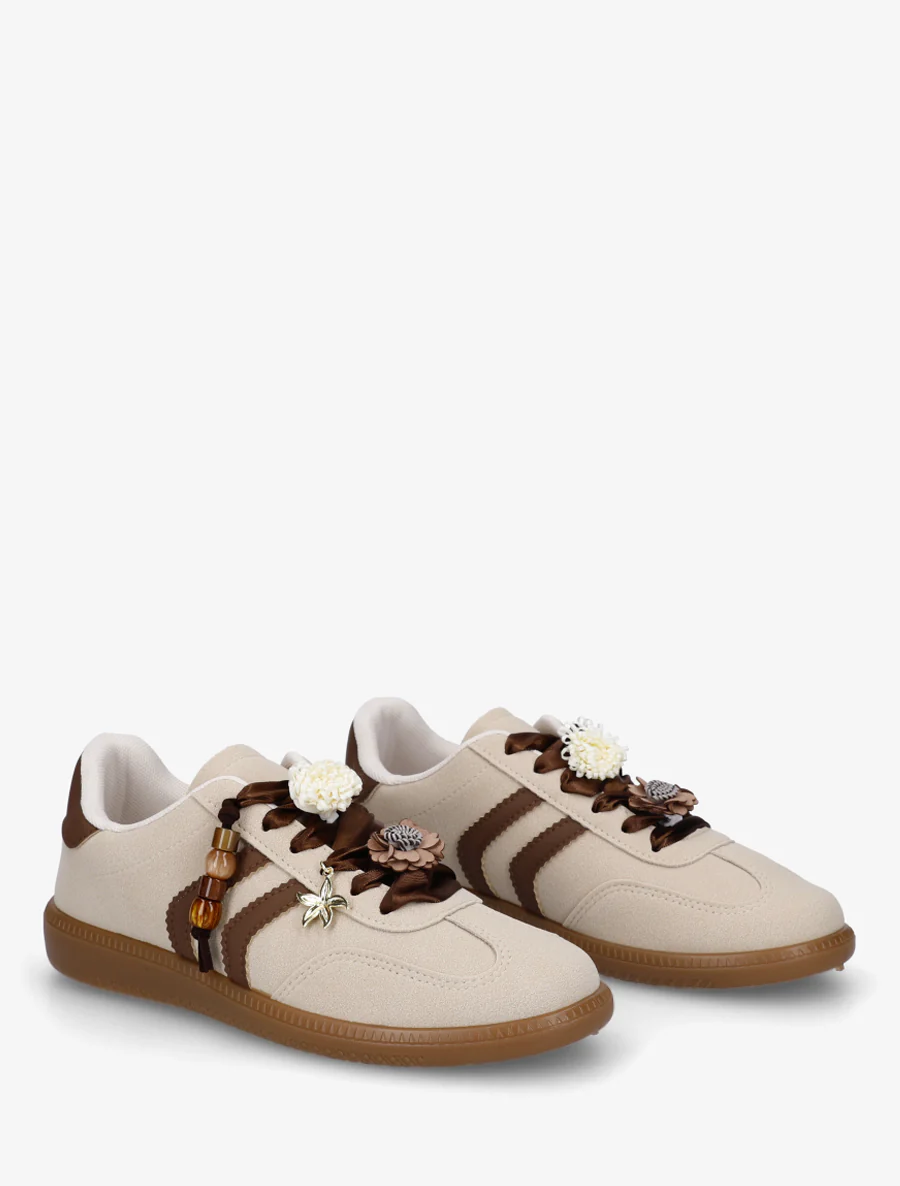 Sneakers à empiècement fleurs et perles en bois - Beige - Image 4