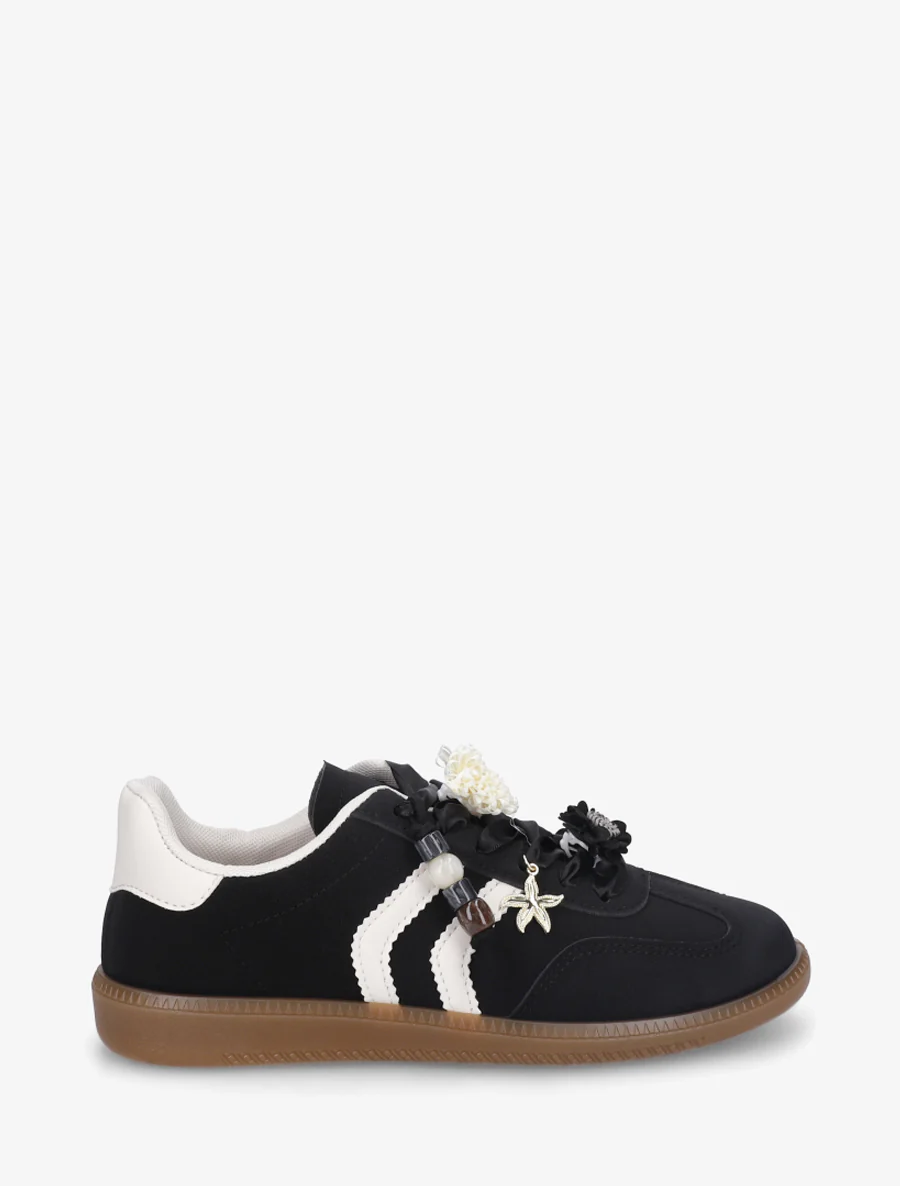 Sneakers à empiècement fleurs et perles en bois - Noir