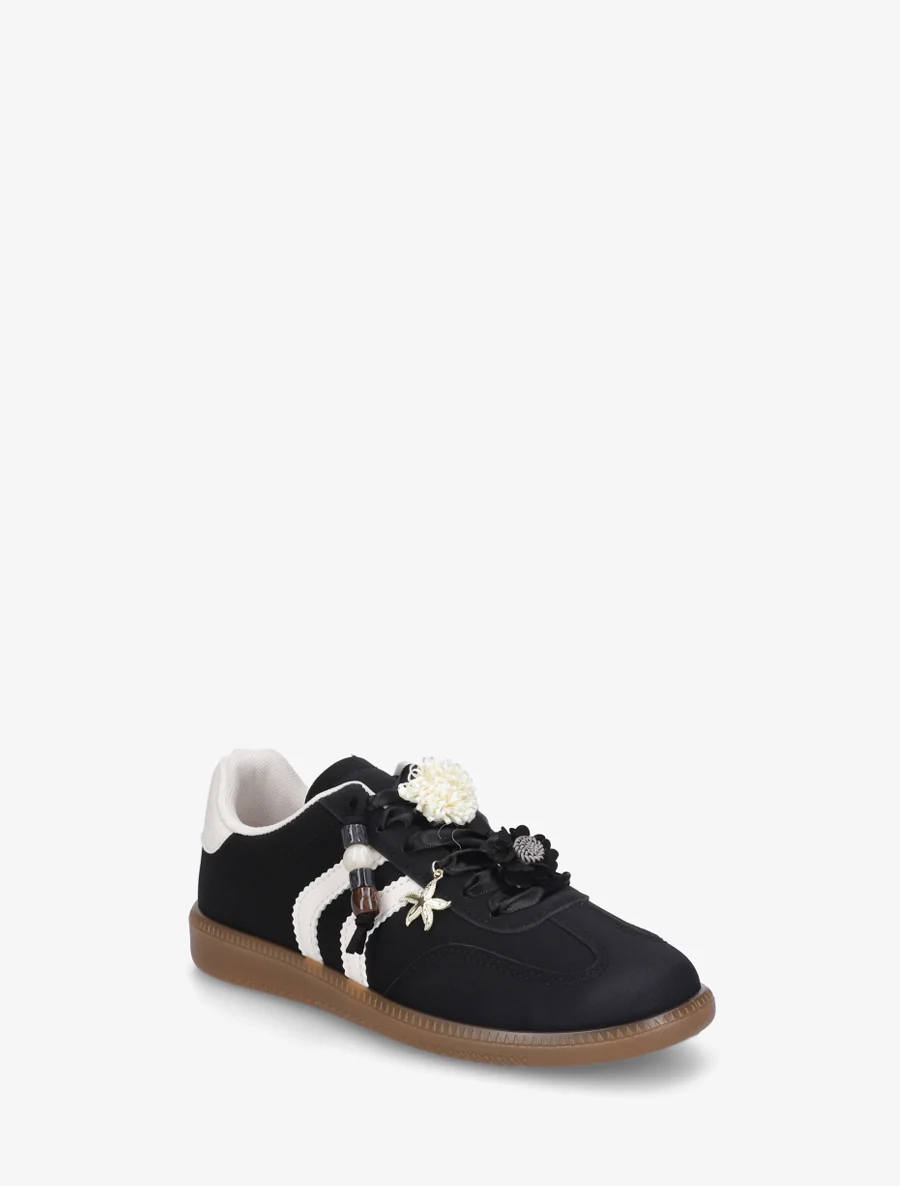 Sneakers à empiècement fleurs et perles en bois - Noir - Image 2