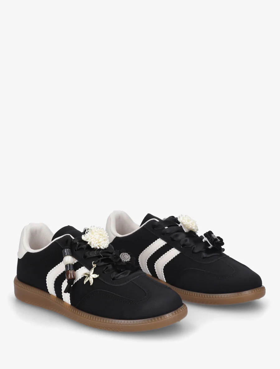 Sneakers à empiècement fleurs et perles en bois - Noir - Image 4
