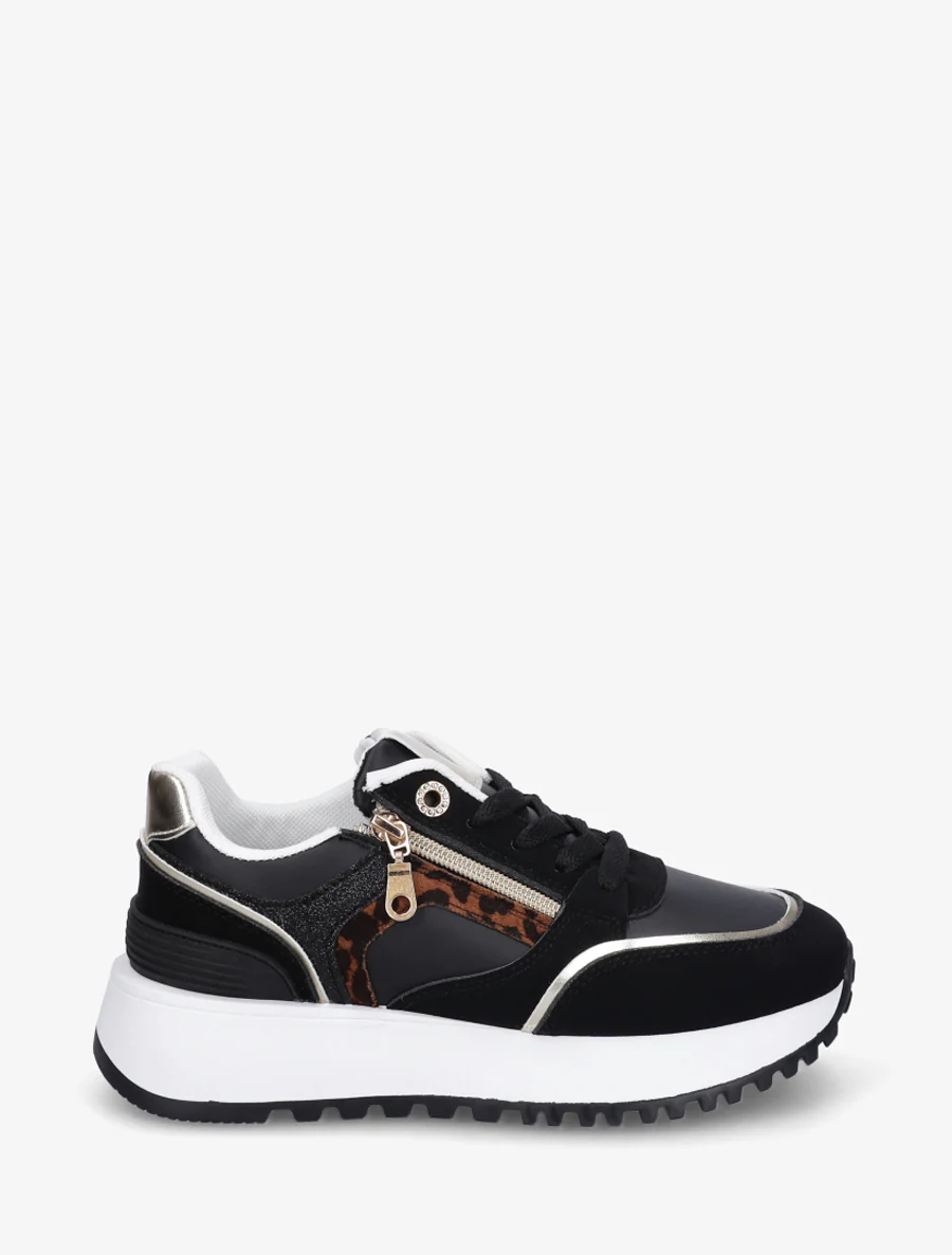 Sneakers à zip décoratif et bandes dépareillés - Noir