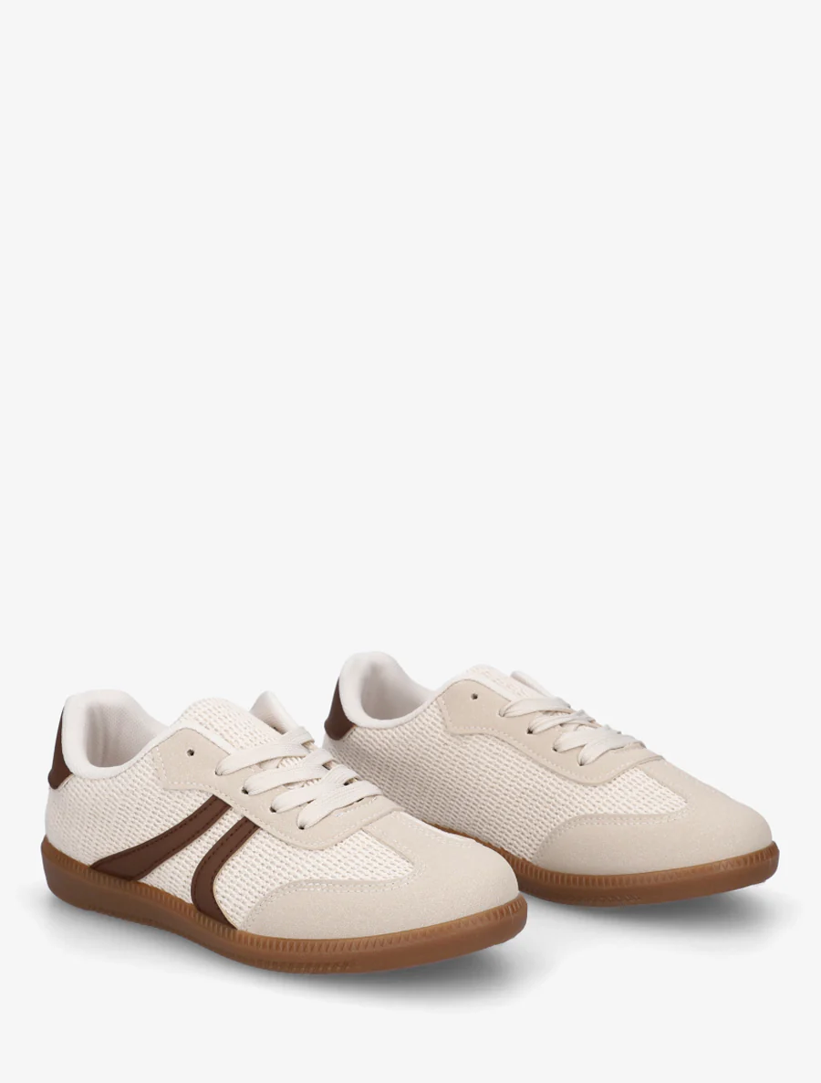 Sneakers bi-matière à semelle caoutchouc - Beige - Image 4