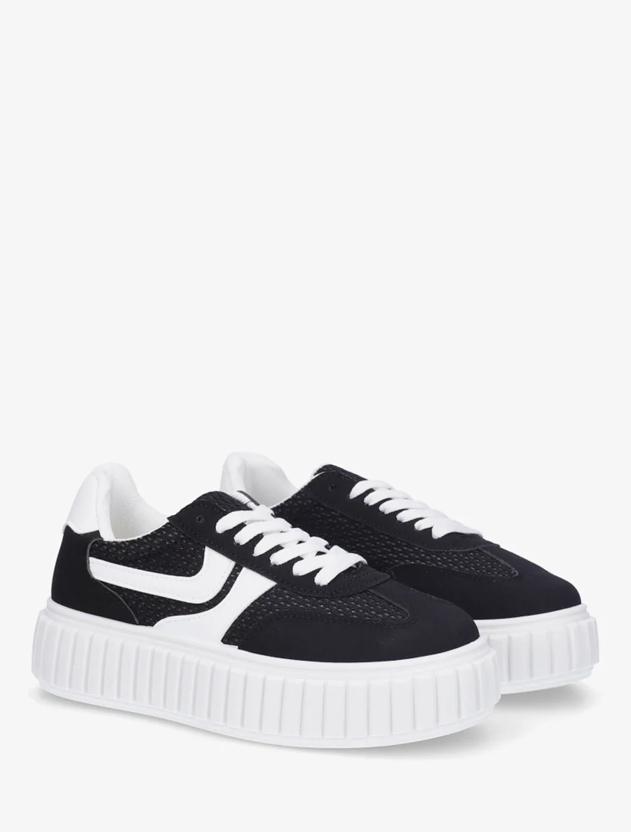 Sneakers bimatière à plateforme striée - Noir - Image 4
