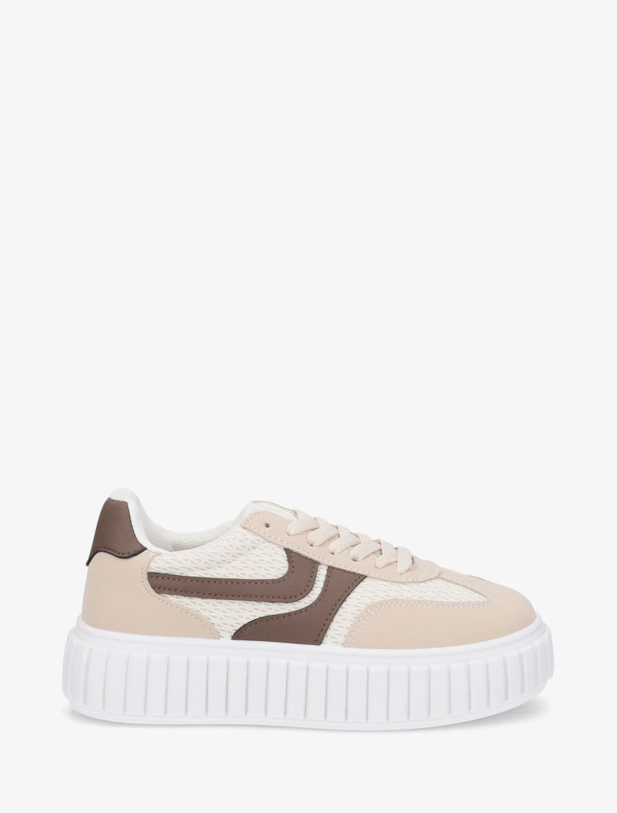 Sneakers bimatière à plateforme striée - Beige