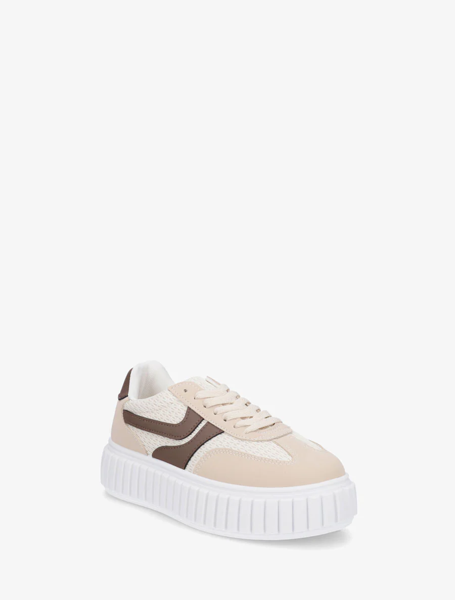 Sneakers bimatière à plateforme striée - Beige - Image 2