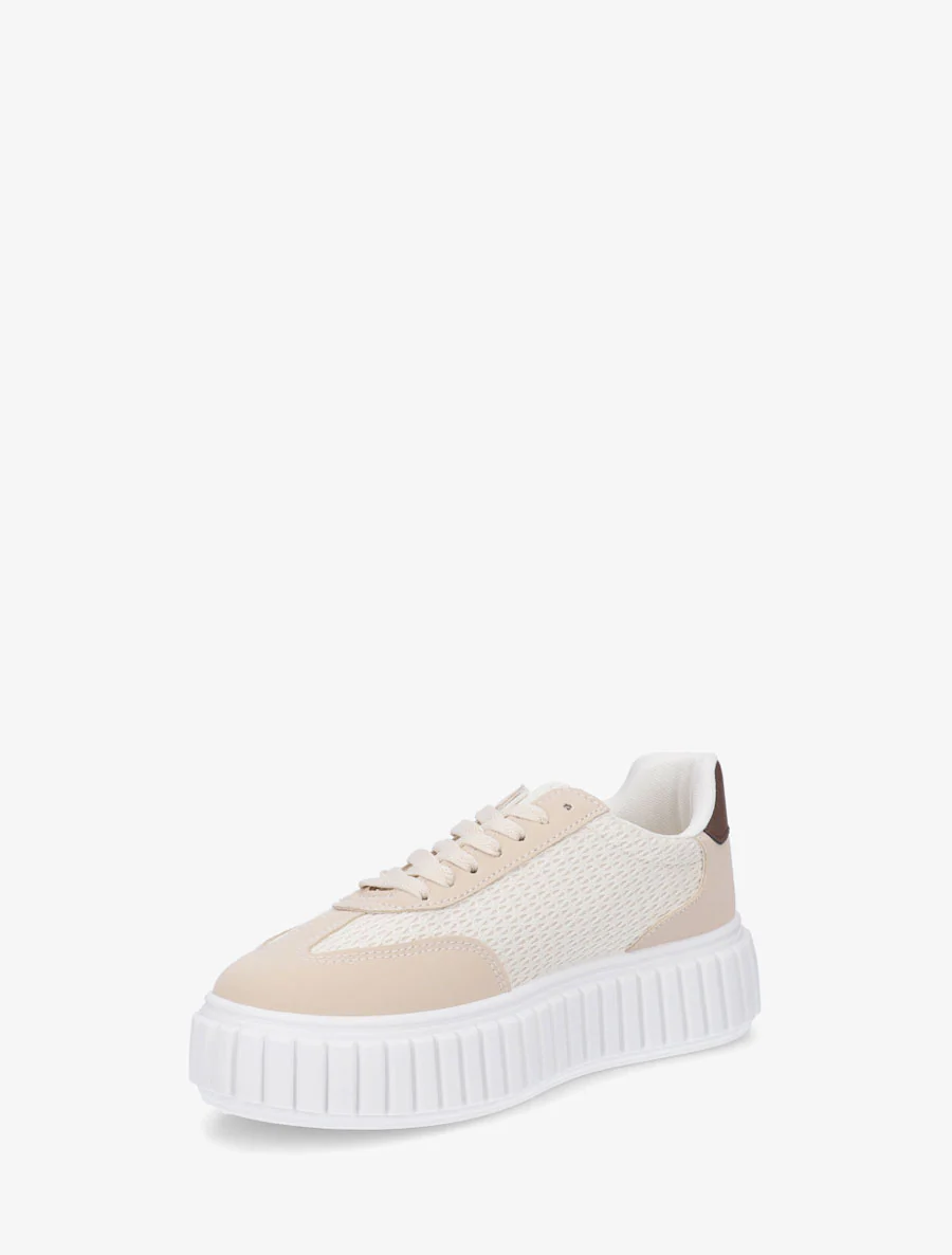 Sneakers bimatière à plateforme striée - Beige - Image 3