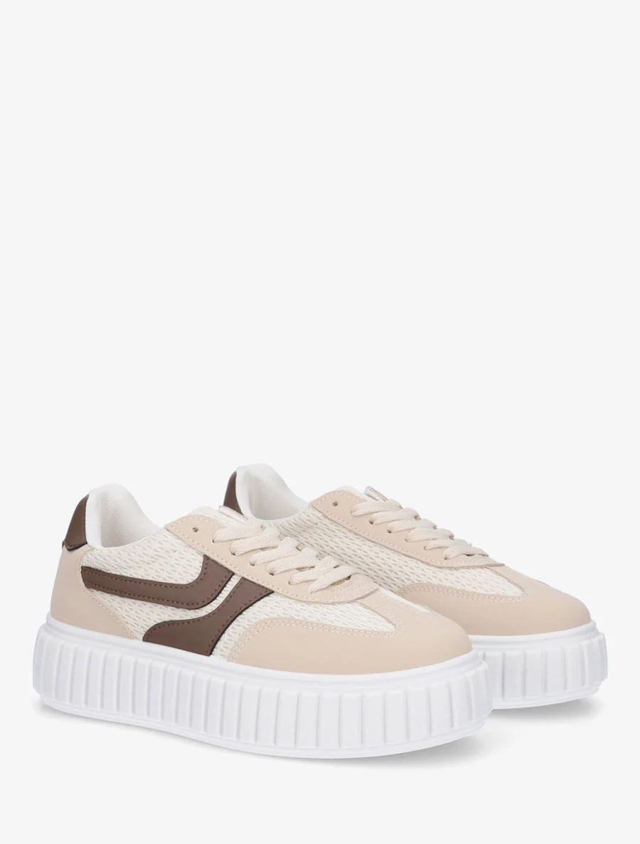 Sneakers bimatière à plateforme striée - Beige - Image 4