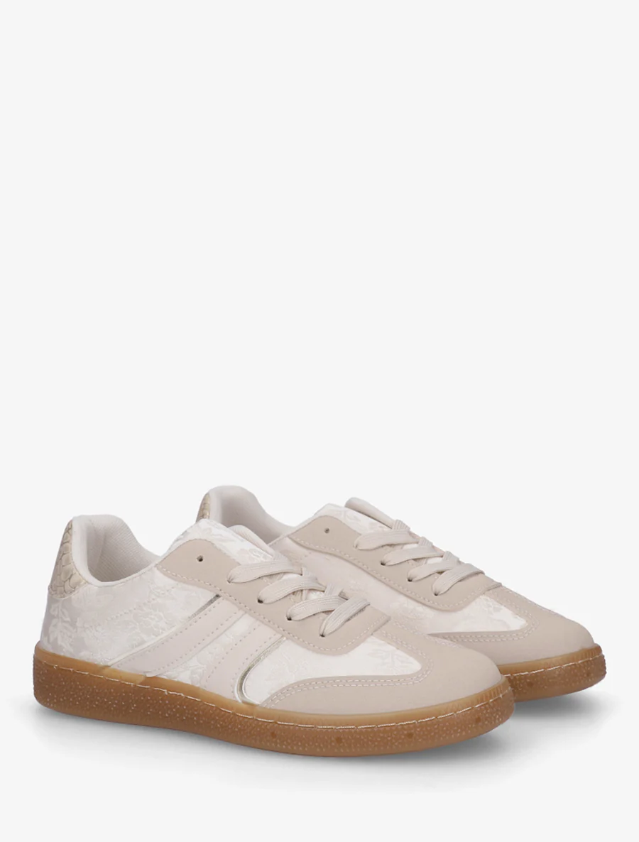 Sneakers bimatière imprimé roses - Beige - Image 4