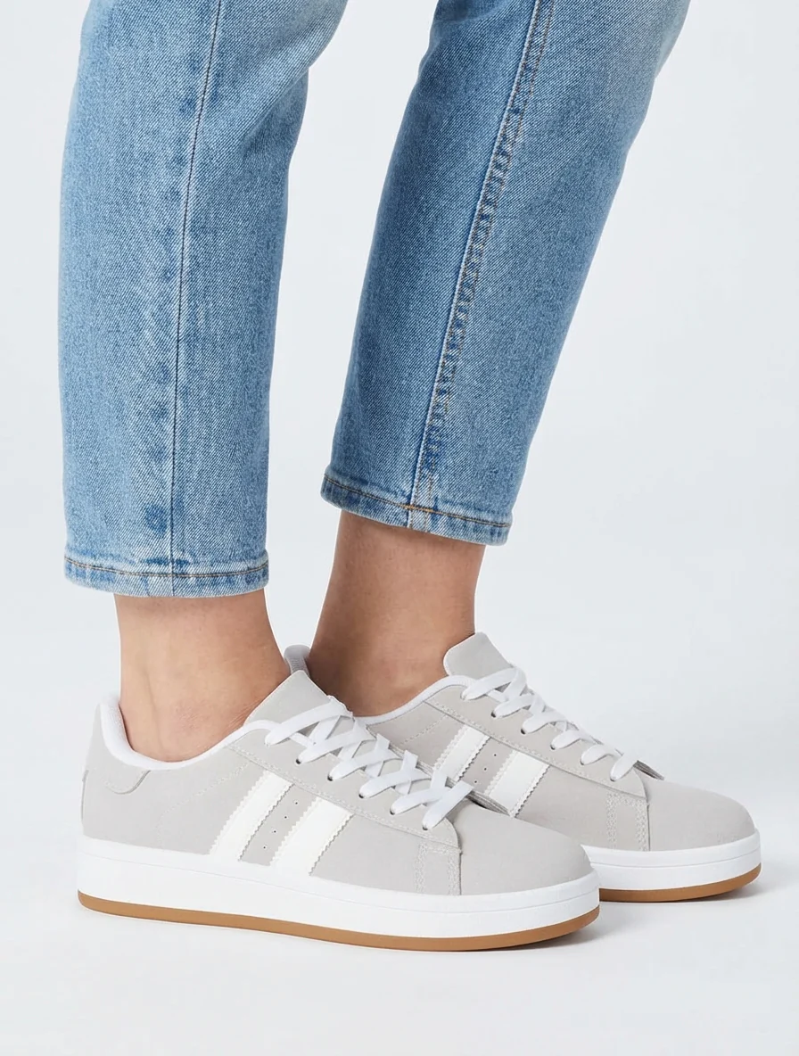 Sneakers effet nubuck à bandes contrastantes - Gris - Image 5