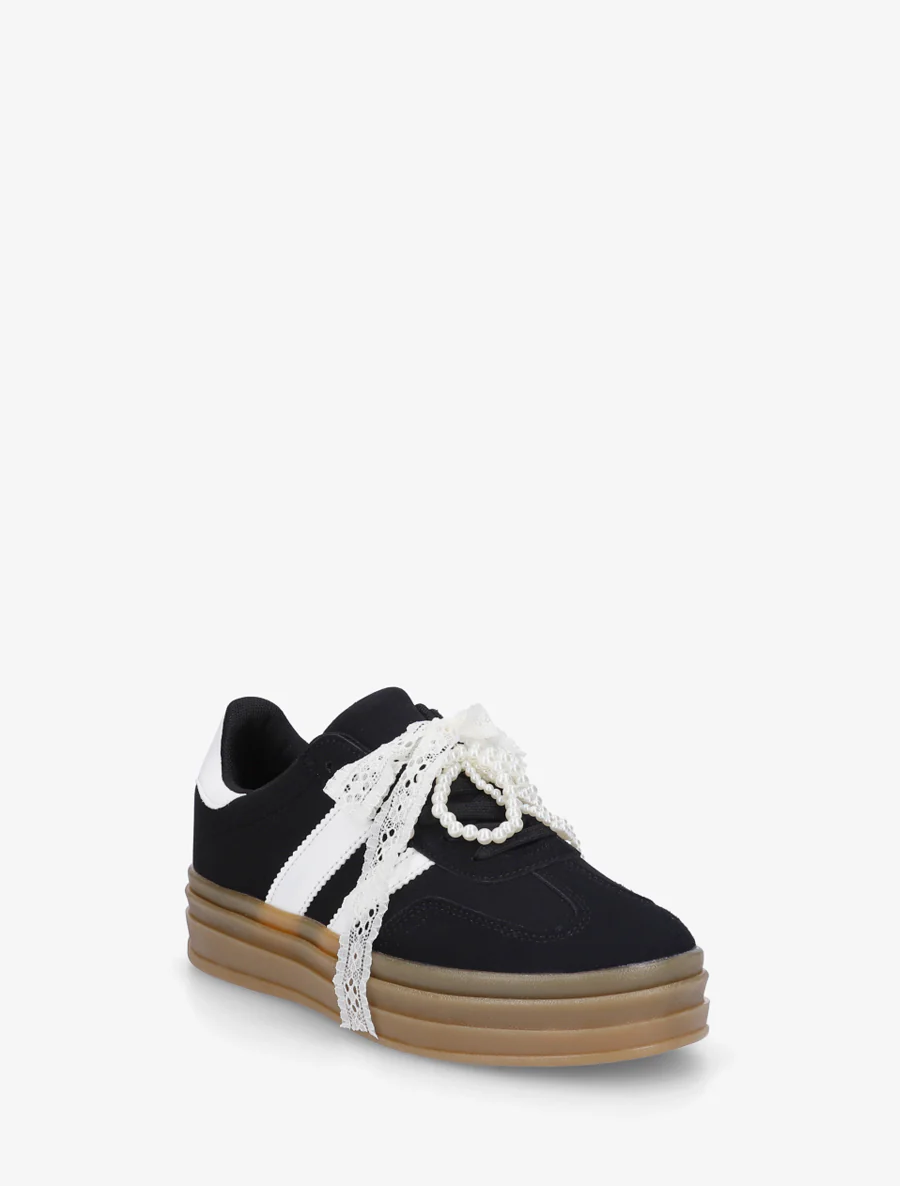 Sneakers effet nubuck à lacets stylisés - Noir - Image 2