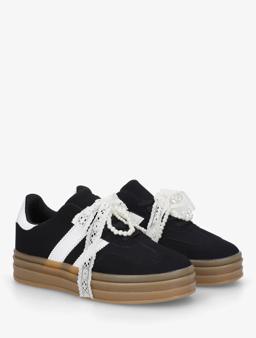 Sneakers effet nubuck à lacets stylisés - Noir - Image 4