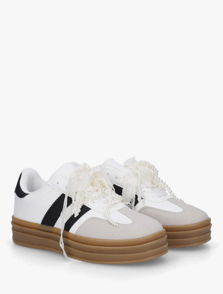 Sneakers effet nubuck à lacets stylisés - Blanc - Image 4