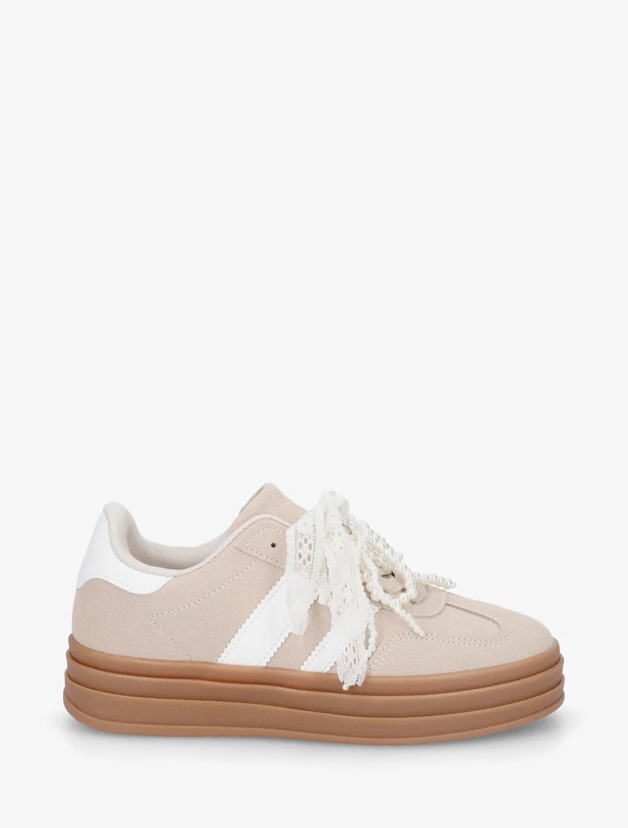 Sneakers effet nubuck à lacets stylisés - Beige