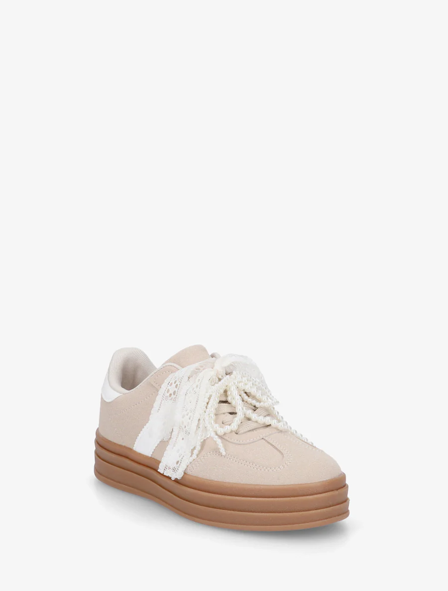 Sneakers effet nubuck à lacets stylisés - Beige - Image 2