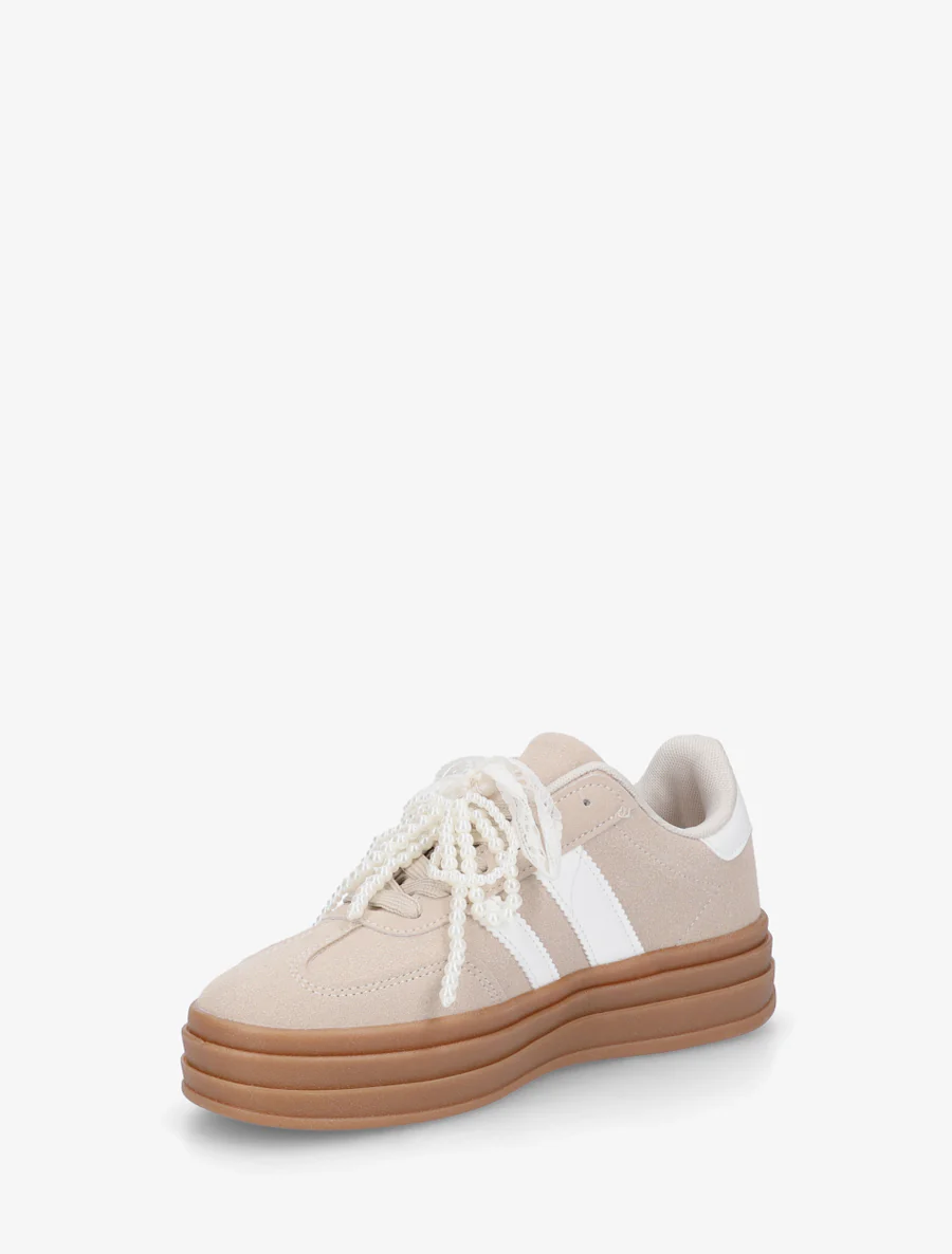 Sneakers effet nubuck à lacets stylisés - Beige - Image 3
