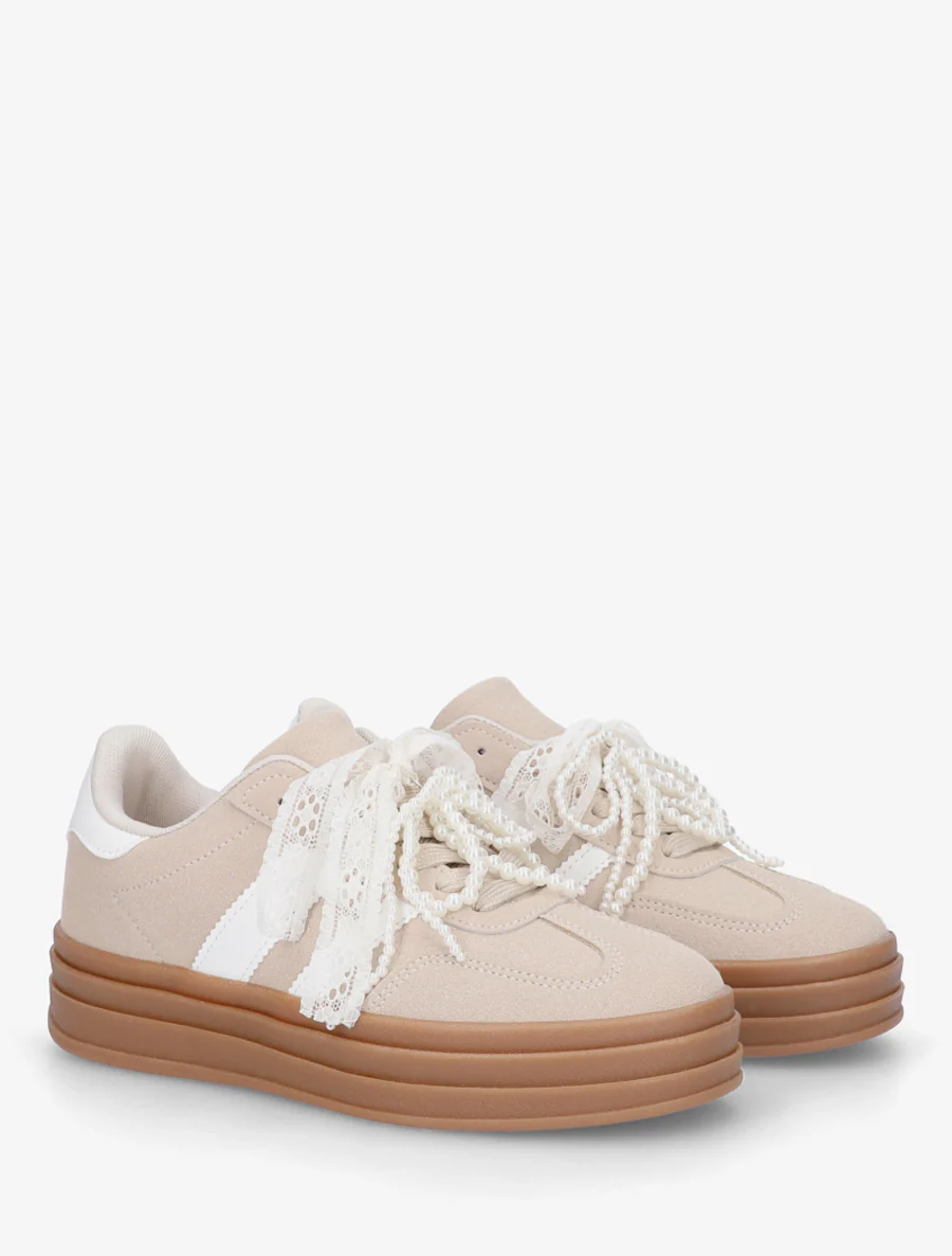Sneakers effet nubuck à lacets stylisés - Beige - Image 4