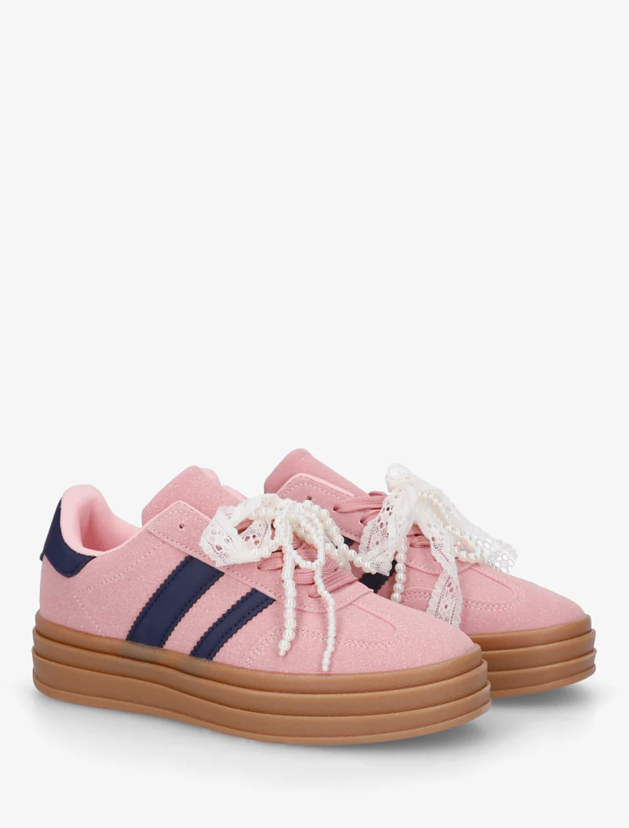 Sneakers effet nubuck à lacets stylisés - Rose - Image 4