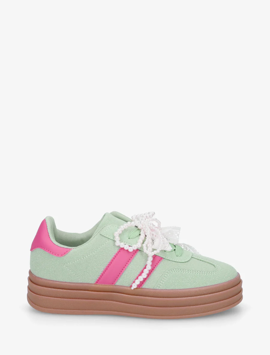 Sneakers effet nubuck à lacets stylisés - Vert d'eau