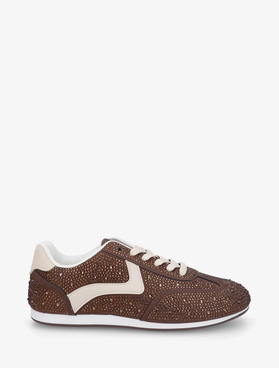 Sneakers effet nubuck à strass - Marron
