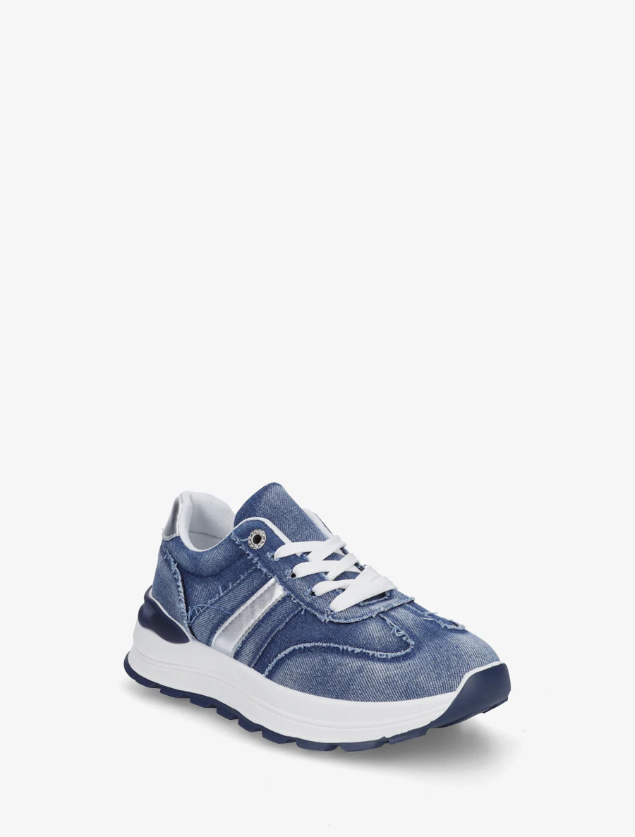 Sneakers en jean à bande et contrefort contrastant - Bleu denim - Image 2