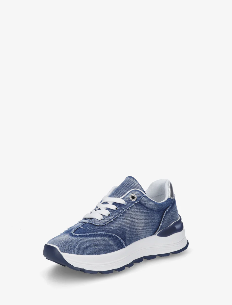 Sneakers en jean à bande et contrefort contrastant - Bleu denim - Image 3