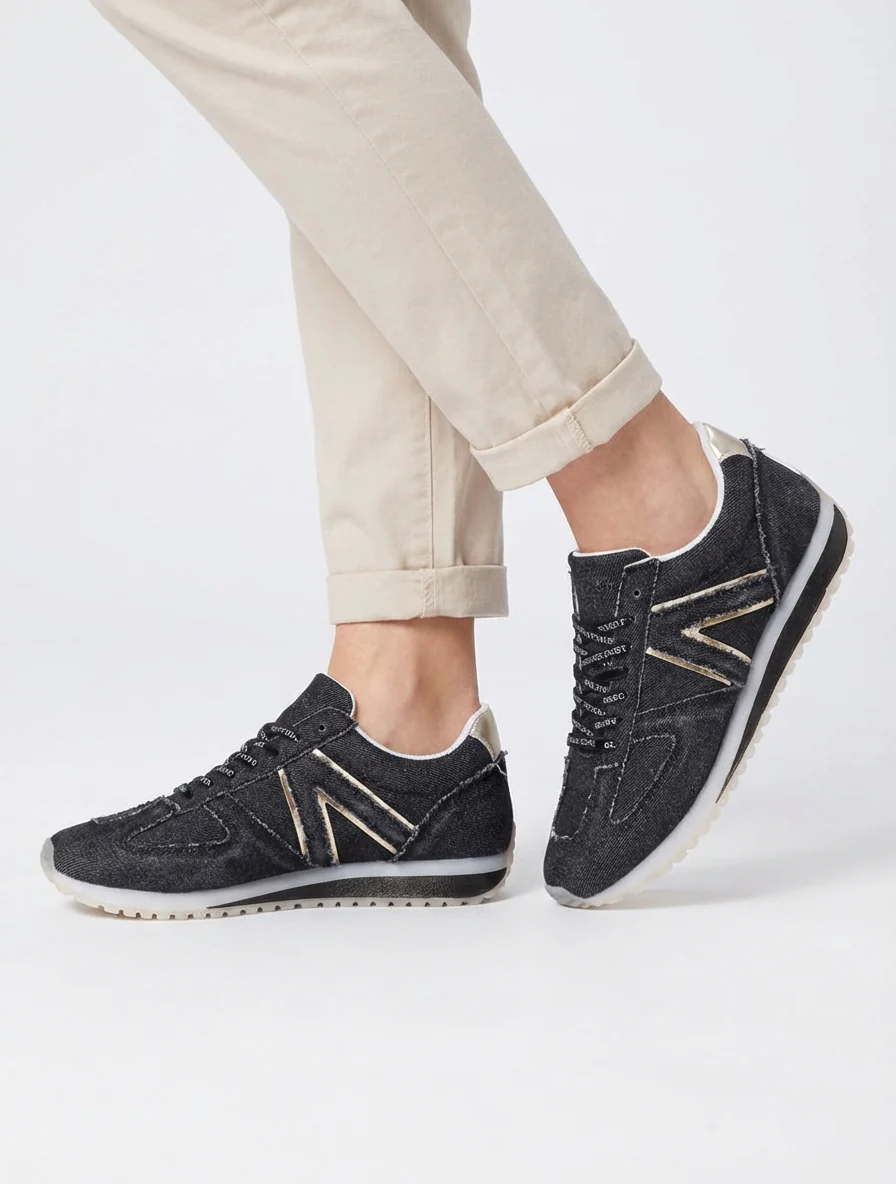 Sneakers en tissu à lacets floqués - Noir - Image 5
