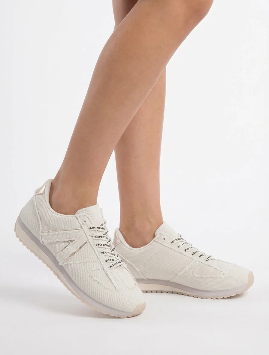 Sneakers en tissu à lacets floqués - Beige - Image 5