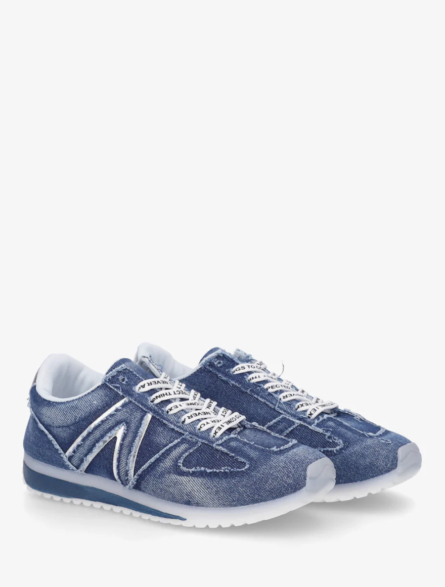Sneakers en tissu à lacets floqués - Bleu - Image 4