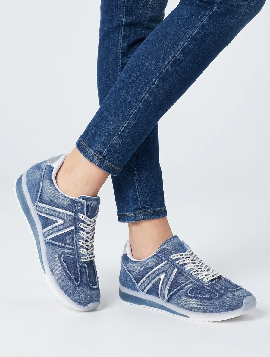 Sneakers en tissu à lacets floqués - Bleu - Image 5