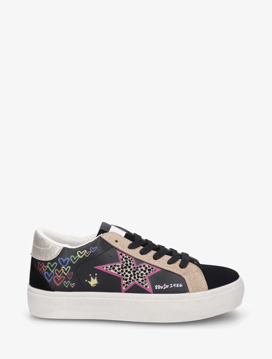 Sneakers floqués à semelle effet vintage - Noir