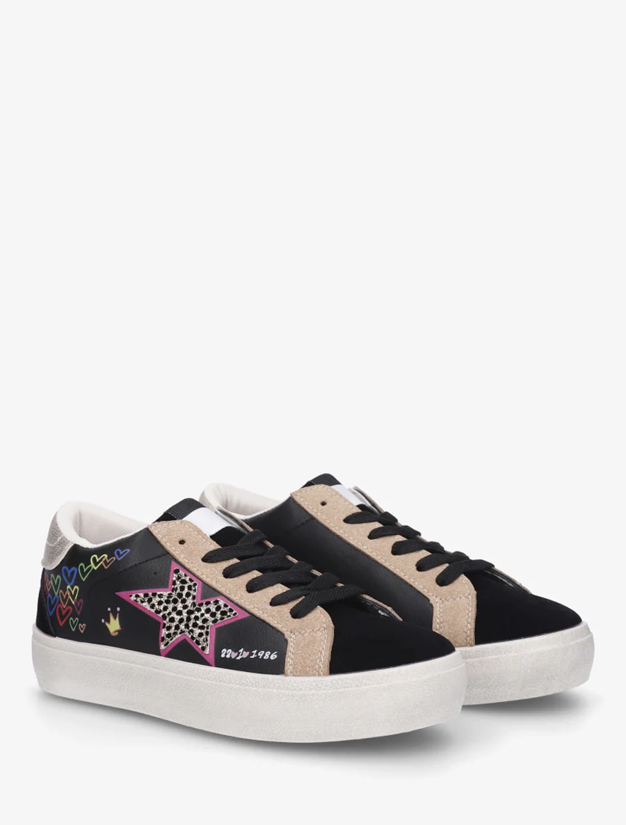 Sneakers floqués à semelle effet vintage - Noir - Image 4