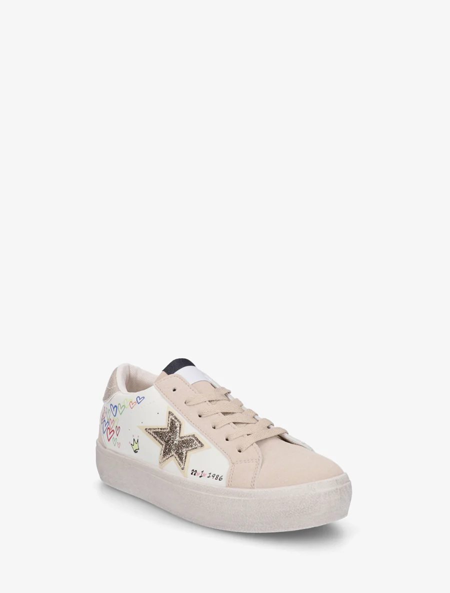 Sneakers floqués à semelle effet vintage - Beige - Image 2