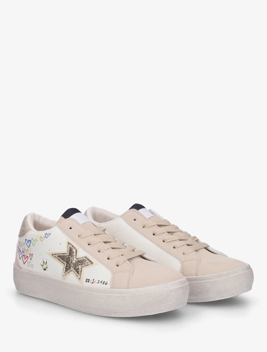 Sneakers floqués à semelle effet vintage - Beige - Image 4