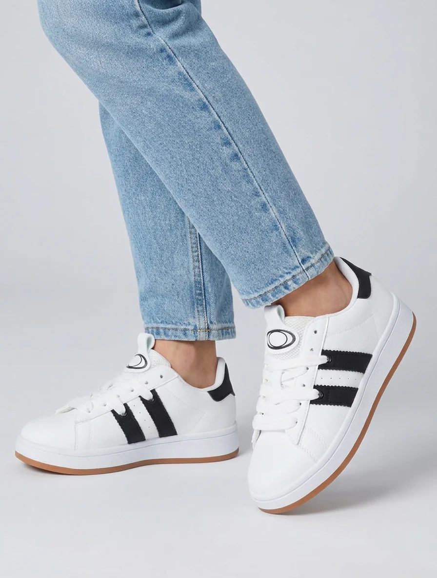 Sneakers unies à bandes contrastantes - Blanc - Image 5